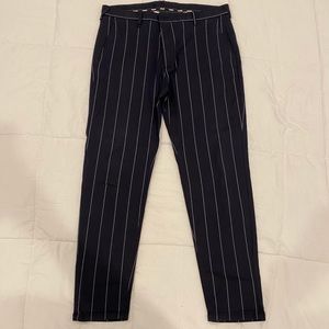 Zara men’s striped pants, blue with white horizontal stripes, size 32 waist.